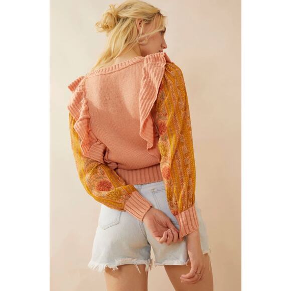 NWT Boutique Boho Peach Ruffled Mixed Media Sweater by Bohera - Picture 3 of 6